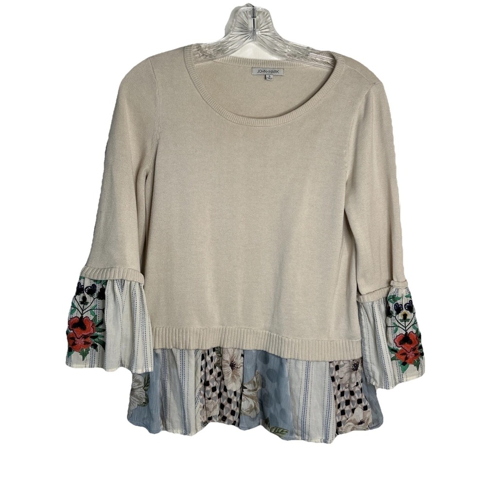 John Mark Pullover Sweater‎ Top w/ Fringe Accent  3/4" Bell Sleeve Small